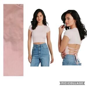 Small/ XL One Size Lace-Up Sexy Open Back Pink Ribbed Knit short sleeve Crop Top